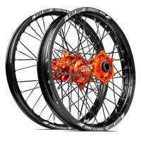 727 Moto KTM-Husqvarna-GasGas 21X1.60/19X2.15 Black/Orange Wheel Set (Black Spokes and Orange nipples)