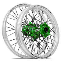 SM Pro Kawasaki KX125-250/KXF250-450 2006-2024 21X1.60/19X2.15 Silver/Green Wheel Set (Black Spokes)